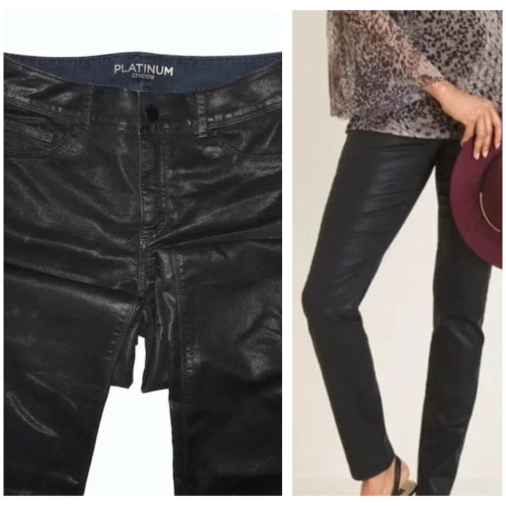 Sz 00 XS Chico's Black Wax Coated Ankle Platinum Jeans